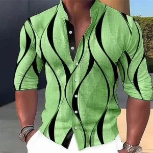 Camisa com gola geométrica gráfica masculina, roupa de rua ao ar livre, manga comprida, moda casual