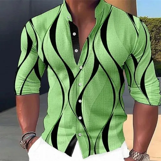 Camisa com gola geométrica gráfica masculina, roupa de rua ao ar livre, manga comprida, moda casual